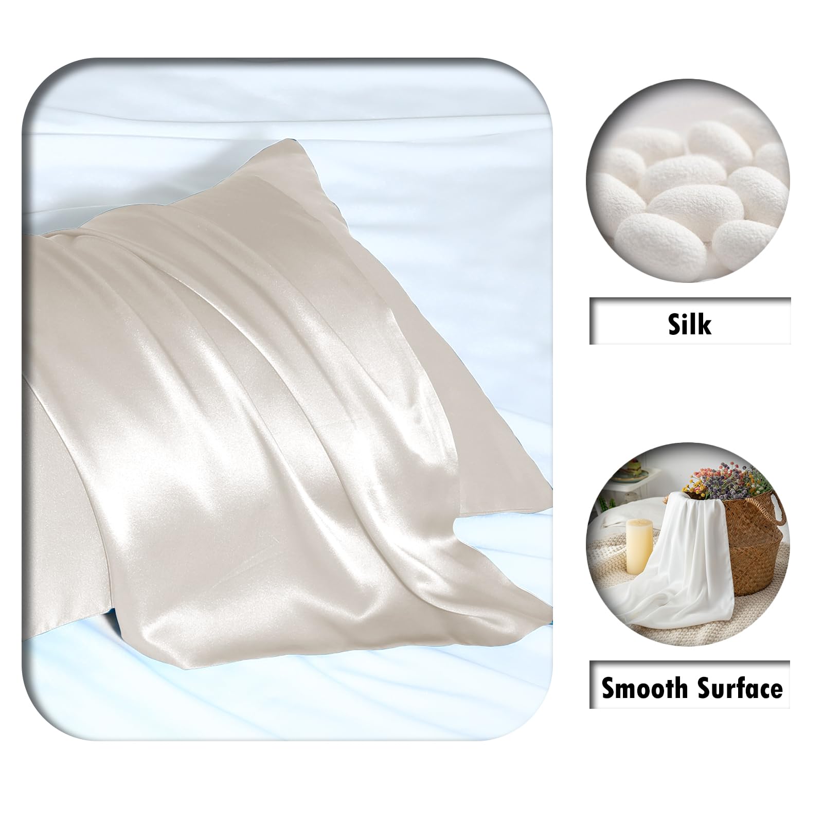 Suatien silk pillowcase beige hidden zip back view demonstrates secure closure during sleep