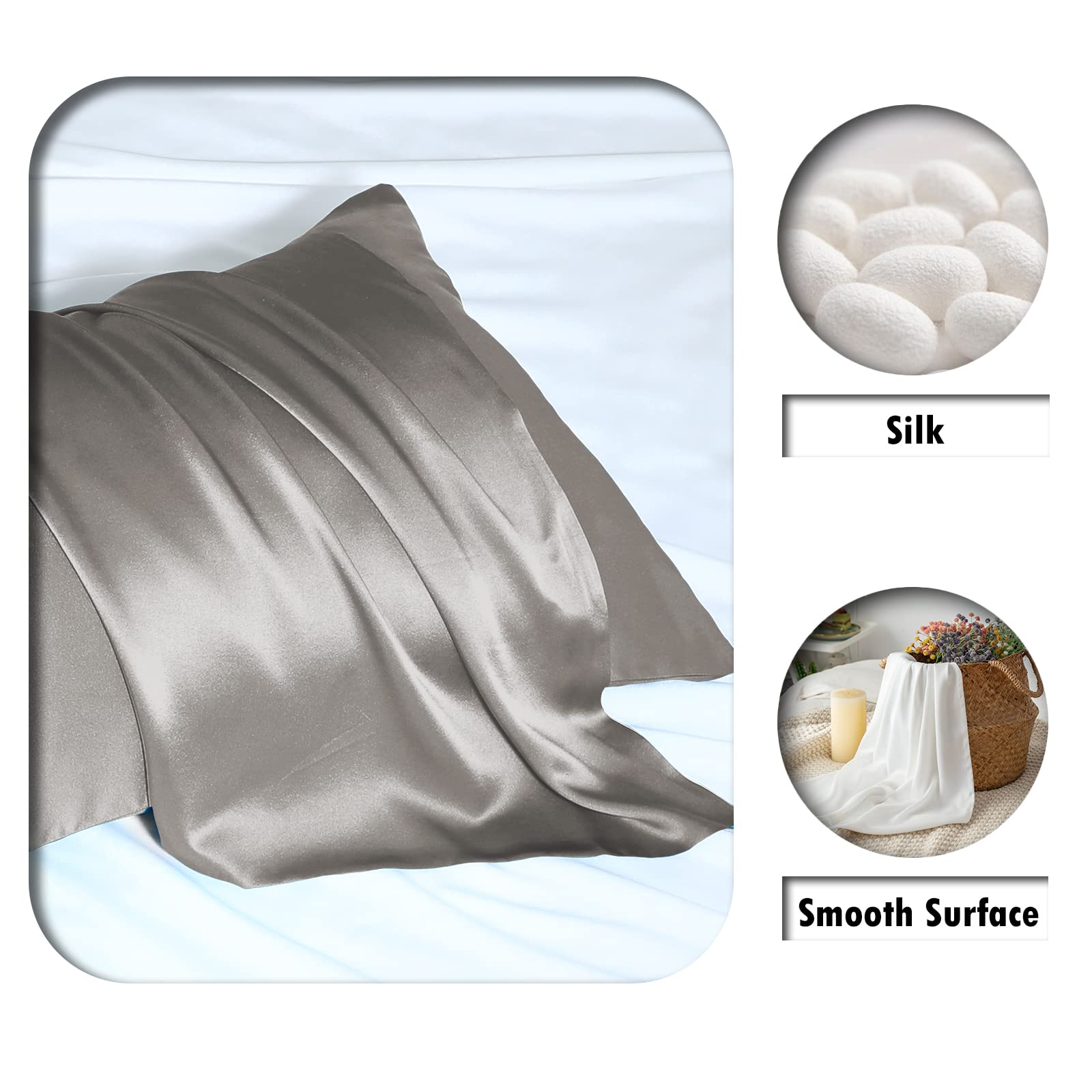 Suatien silk pillowcase close-up highlights glossy surface reducing friction for hair.