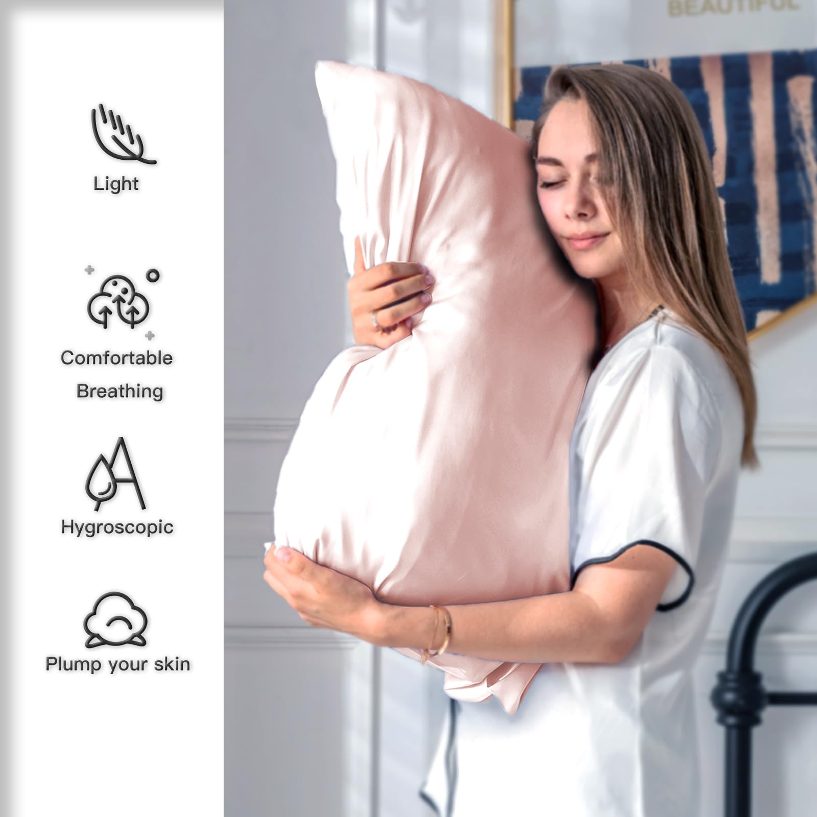 Suatien silk pillowcases shown in two-pack layout for bed.