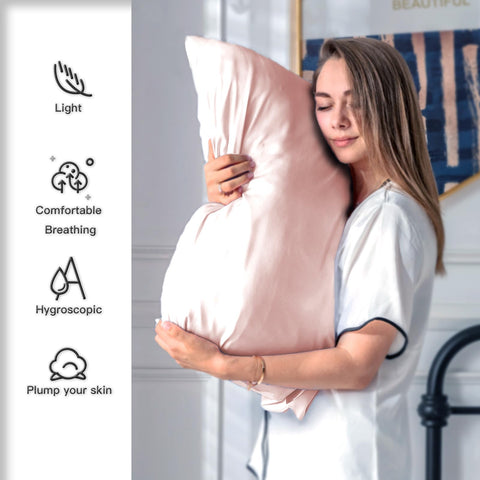 Suatien silk pillowcases shown in two-pack layout for bed.
