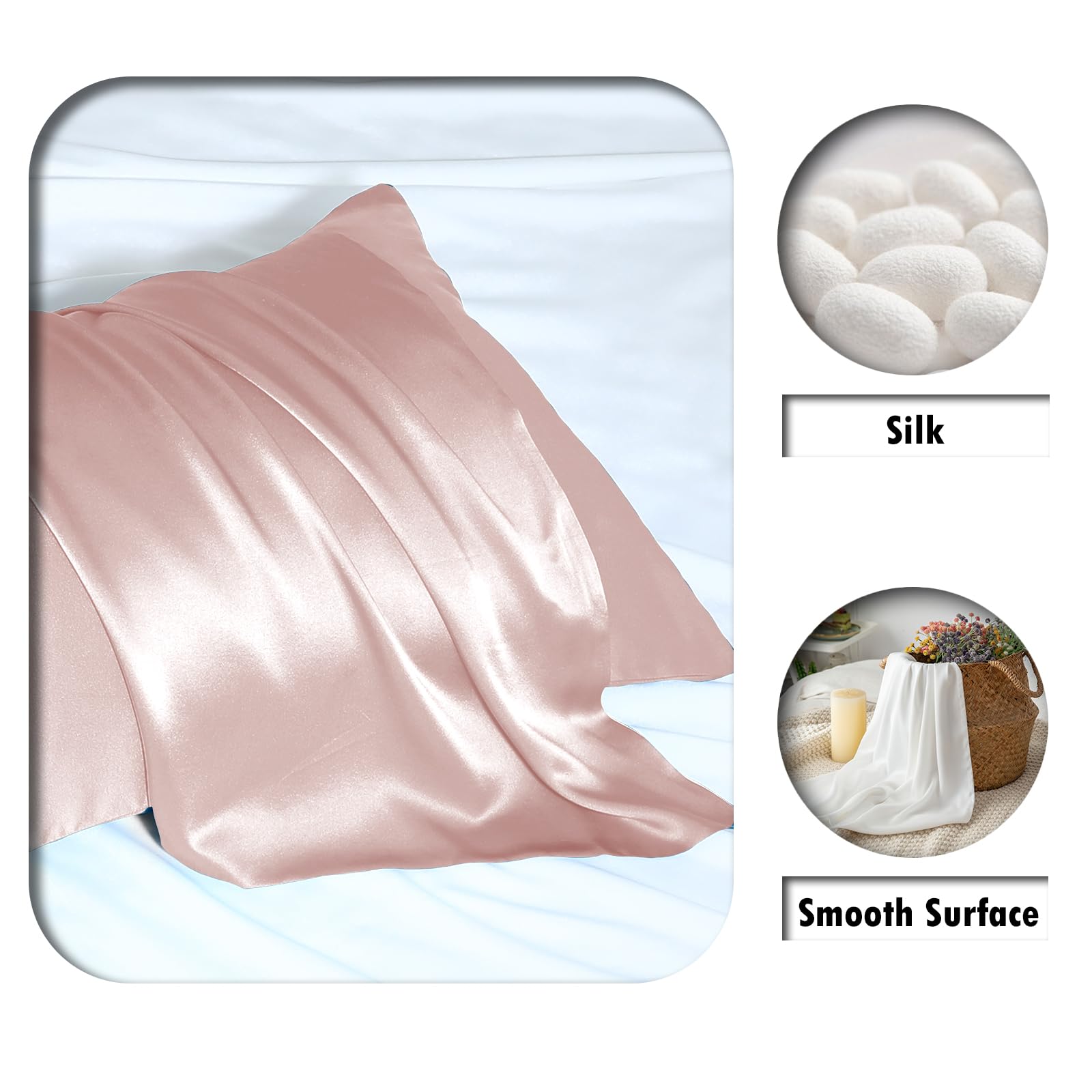 Close-up of Suatien mulberry silk texture on coral pillowcase.