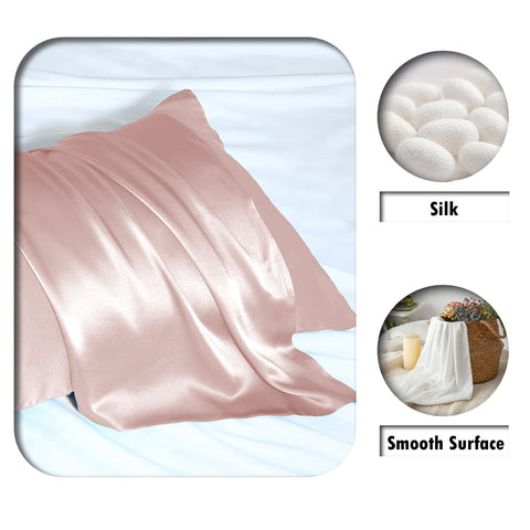Close-up of Suatien mulberry silk texture on coral pillowcase.