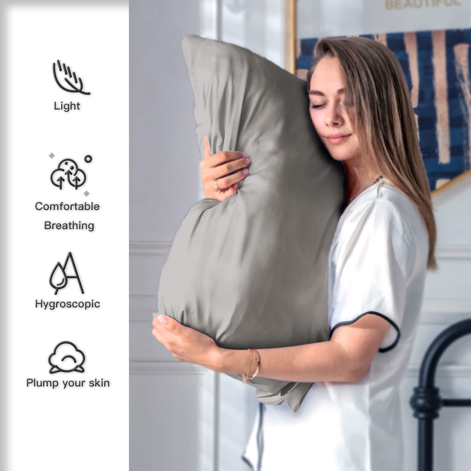 Suatien gray silk pillowcase with concealed zipper for easy removal.