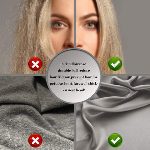 Suatien Silk Pillowcase in gray on bed highlighting cooling, breathable fabric.
