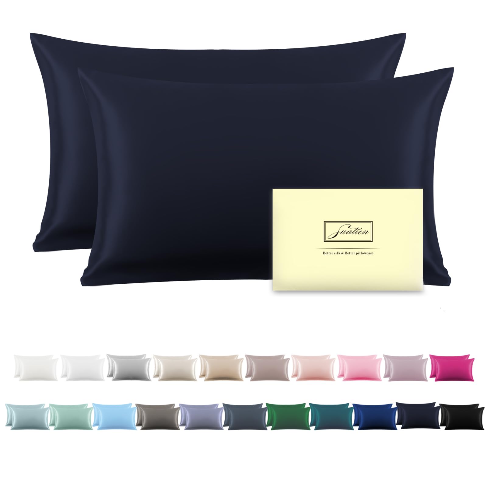 Suatien silk pillowcase navy 20x26 2pc set, smooth surface for hair and skin care.