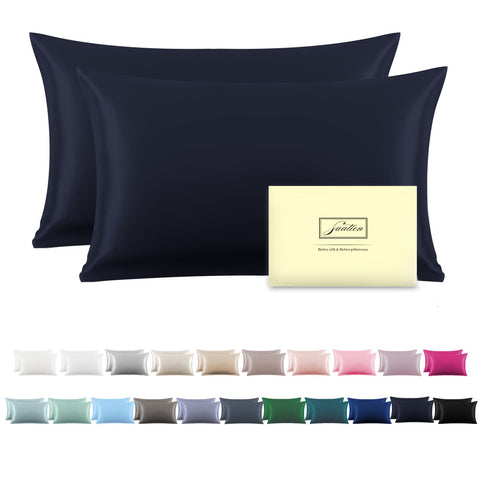 Suatien silk pillowcase navy 20x26 2pc set, smooth surface for hair and skin care.