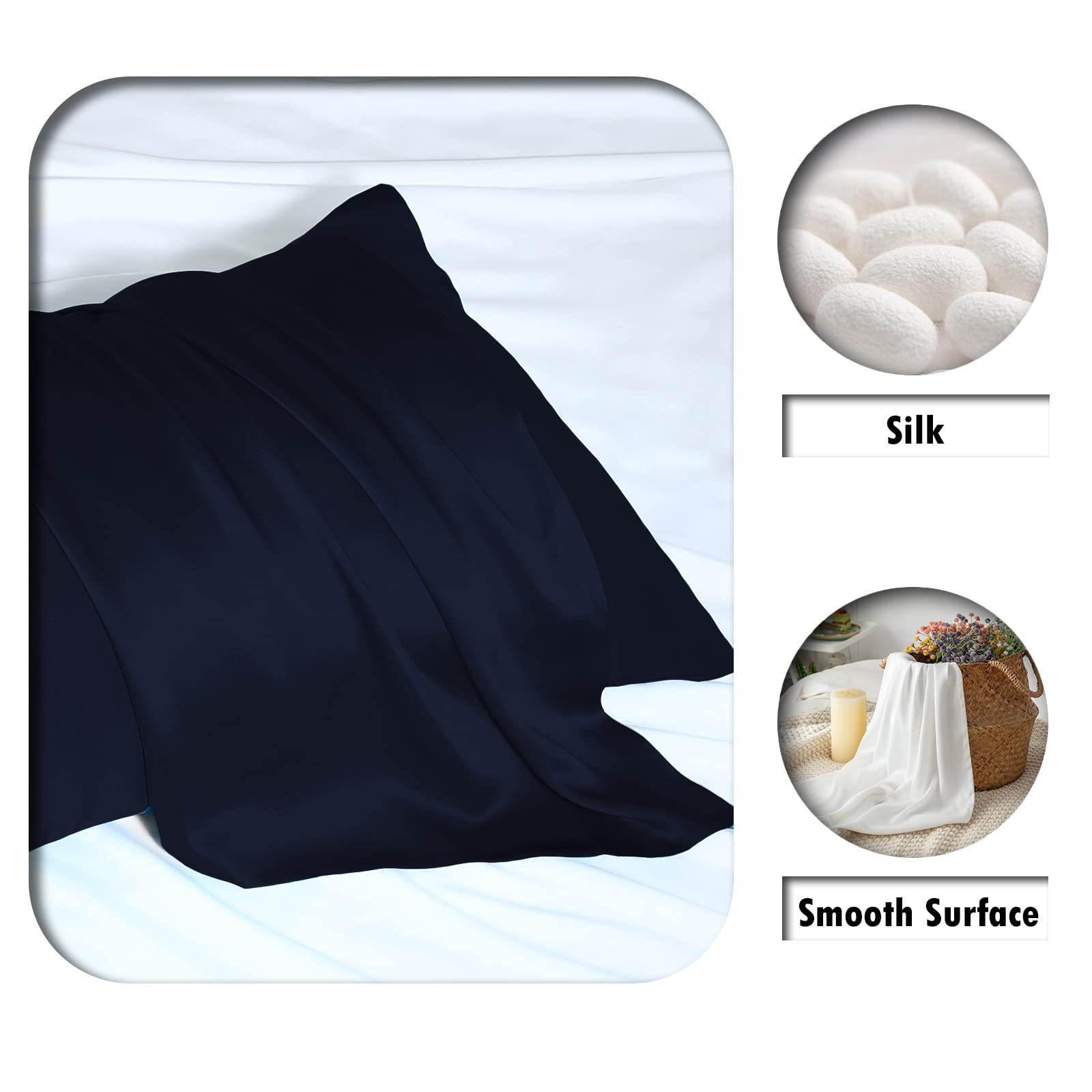 Close-up of Suatien silk pillowcase texture, ultra-soft feel reduces hair friction.