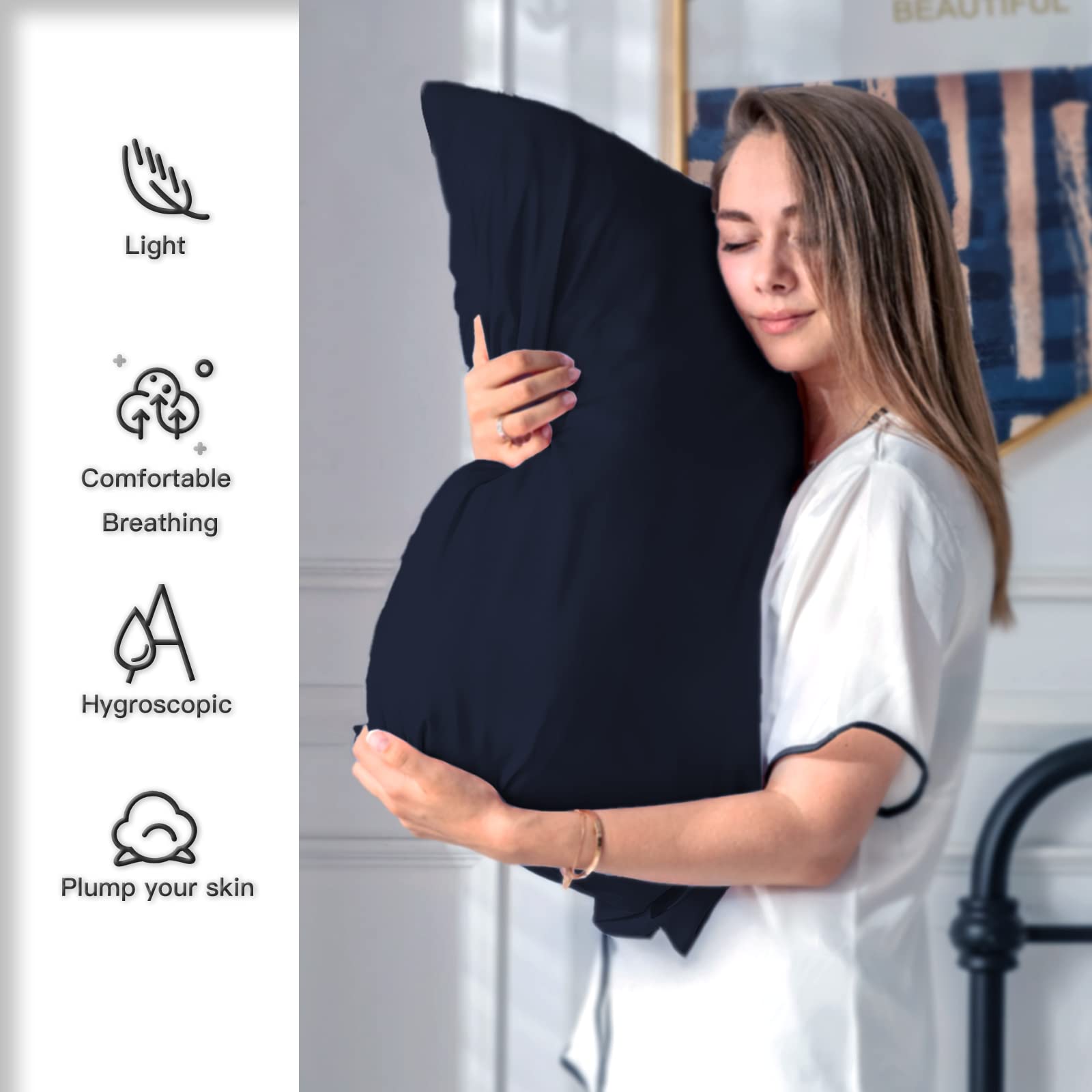 Navy Suatien silk pillowcase seen on bed, cool feel for comfortable sleep.