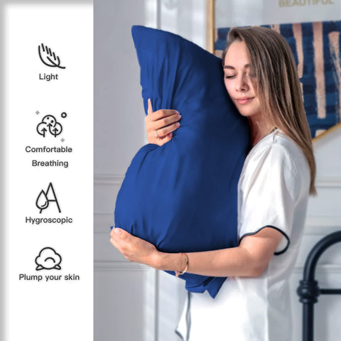 Suatien silk pillowcase royal blue surface minimizes friction for curls and skin.