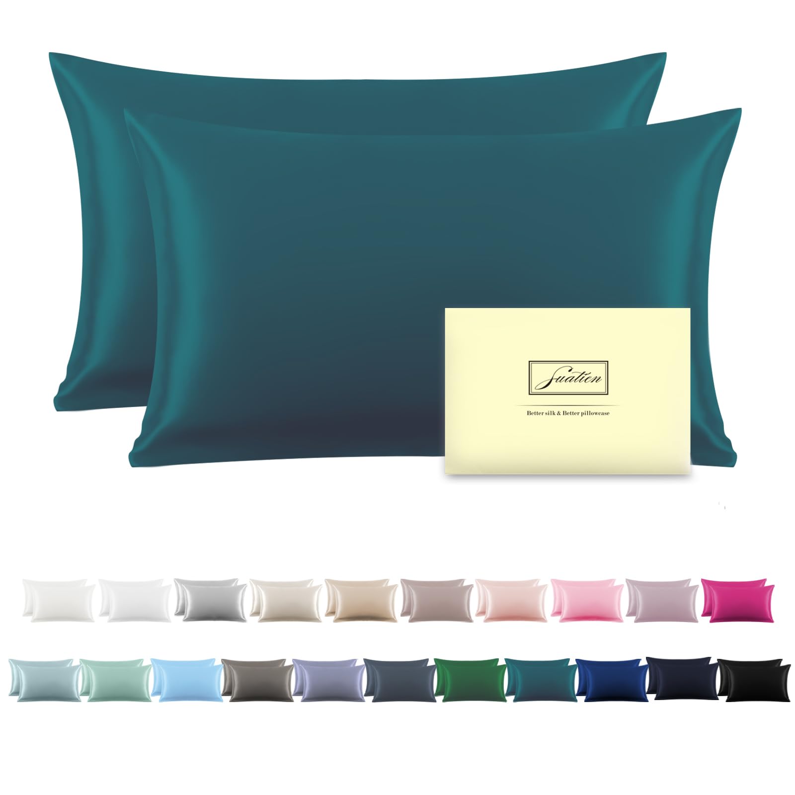 Suatien silk pillowcase teal 20x26 two-pack on a bed for smooth hair and skin
