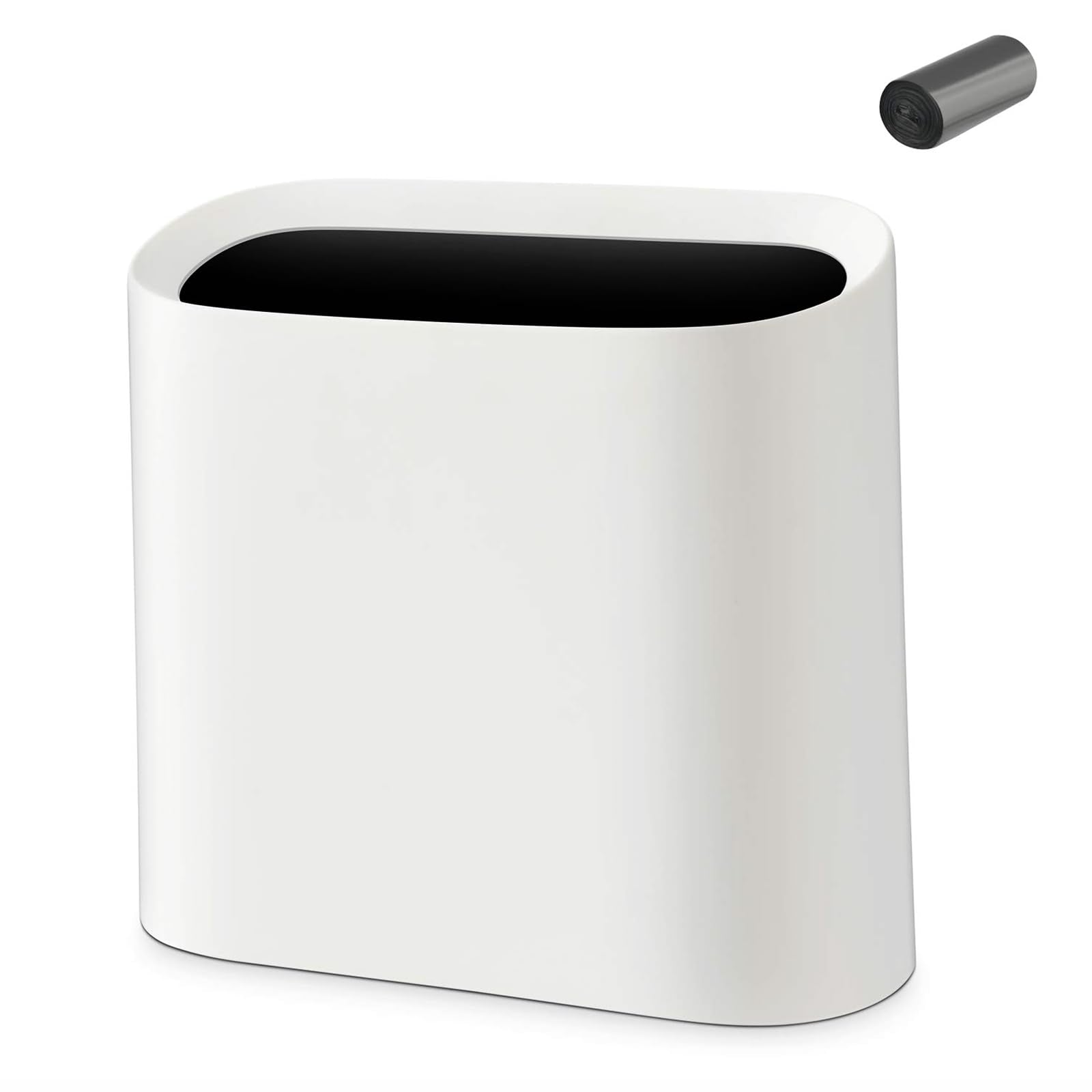 SUBEKYU slim white trash can in bathroom, ideal for tight spaces.
