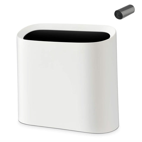 SUBEKYU slim white trash can in bathroom, ideal for tight spaces.