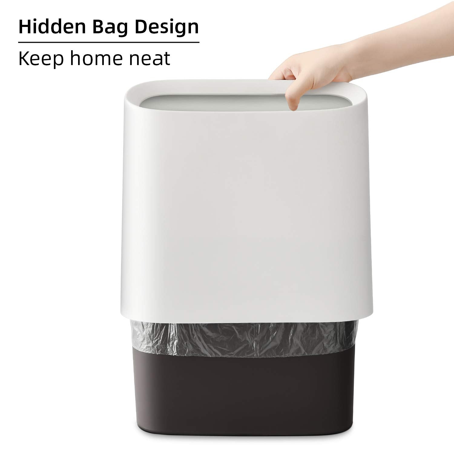 SUBEKYU trash can side profile shows slim form for narrow corners.