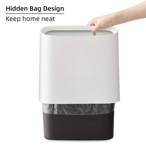 SUBEKYU trash can side profile shows slim form for narrow corners.
