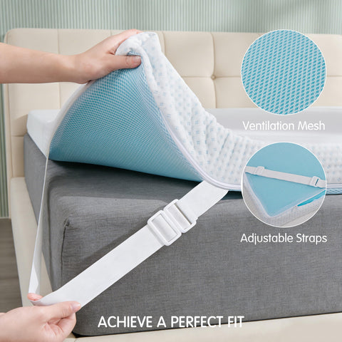 Queen-size Subrtex cover demonstrates six-size compatibility for toppers.