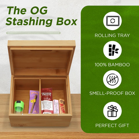 Subtle convertible rolling tray lid transforms the box into a ready-to-use tray.