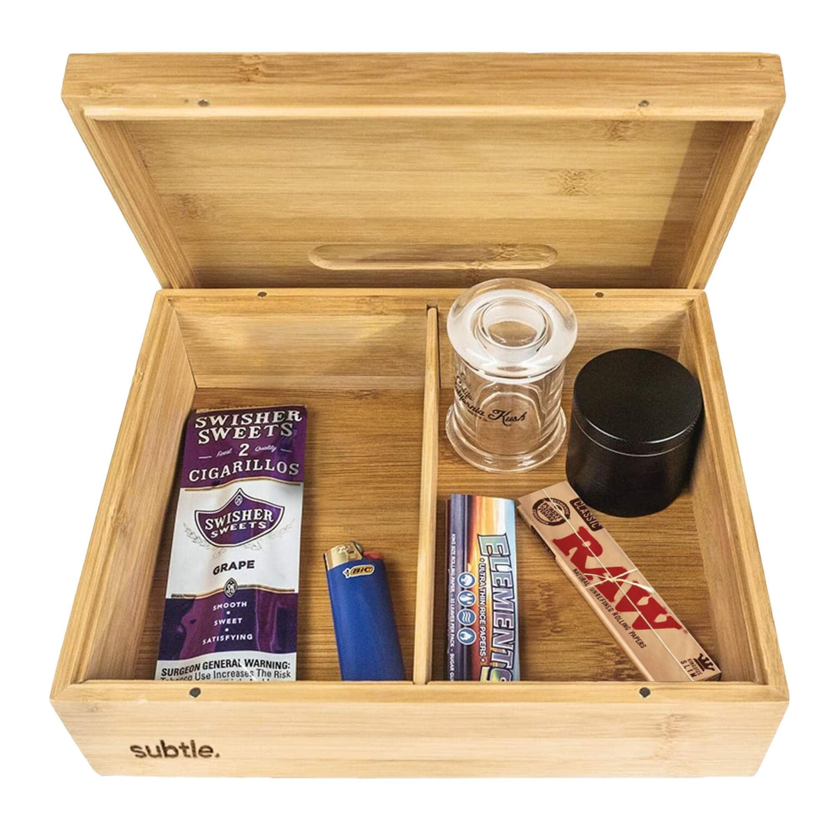 Subtle rolling tray stash box with lid open, ideal for discreet organization on the go.