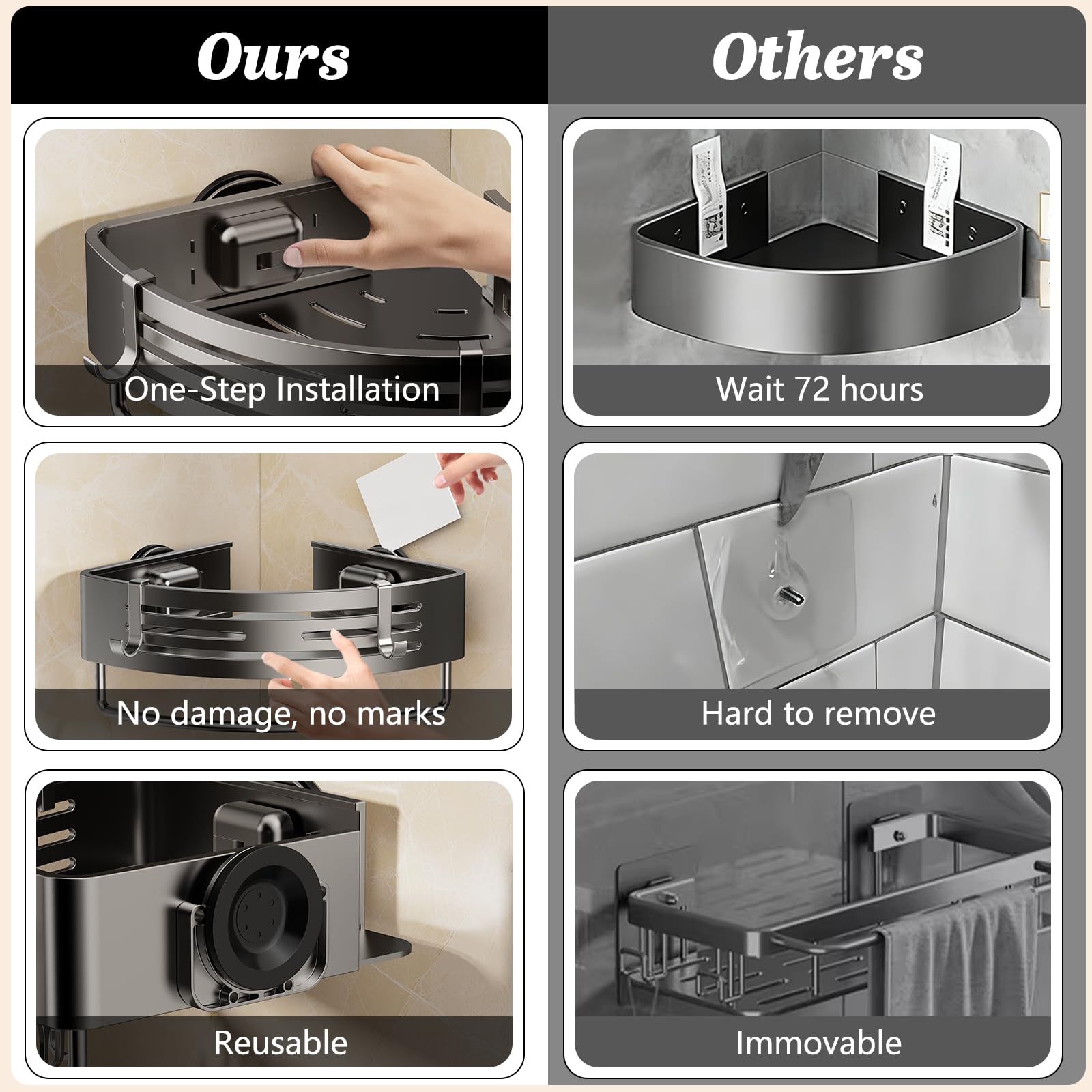 SUBUCOYO gray shower organizer installed in corner saving space