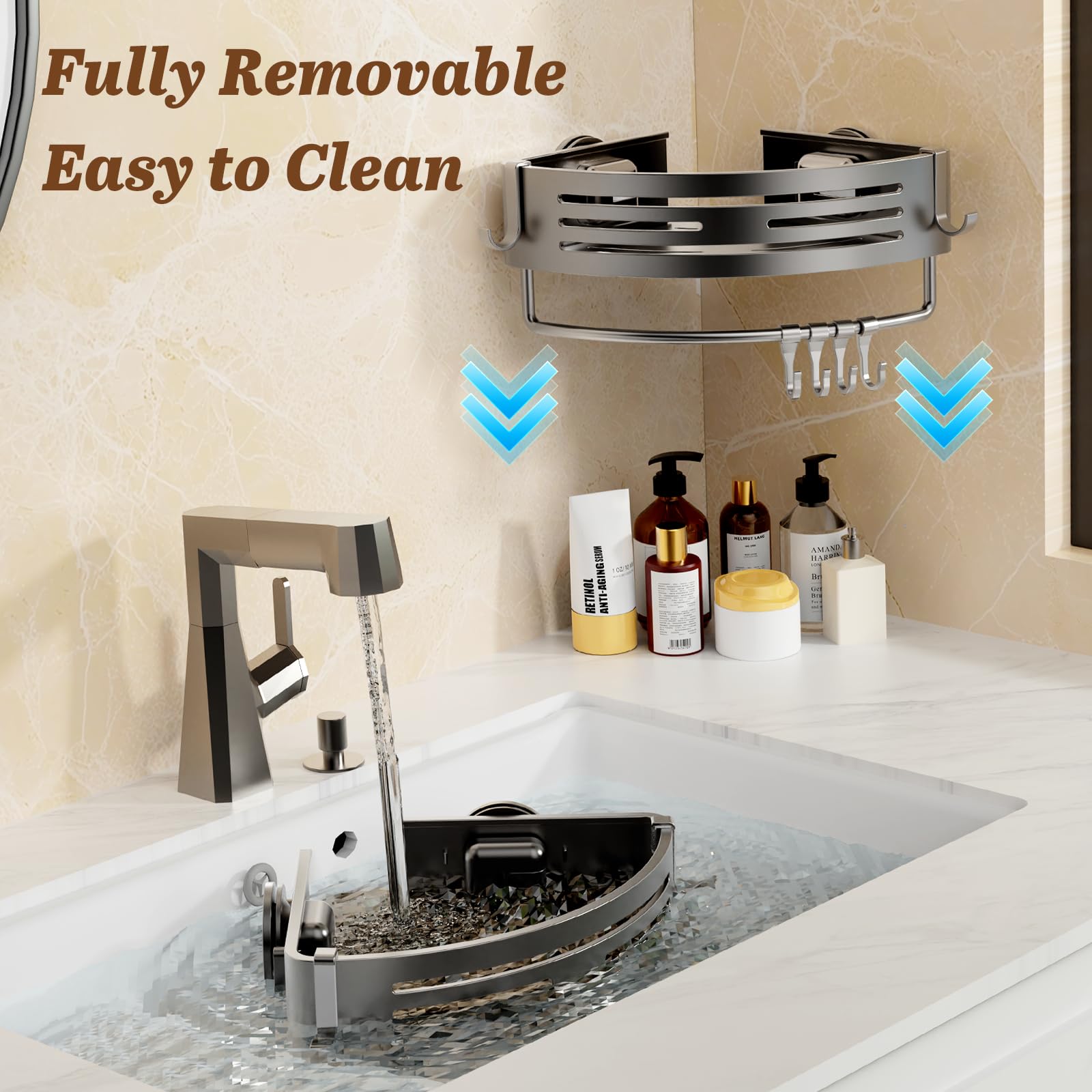SUBUCOYO shower shelf with hooks demonstrates expanded storage in small spaces