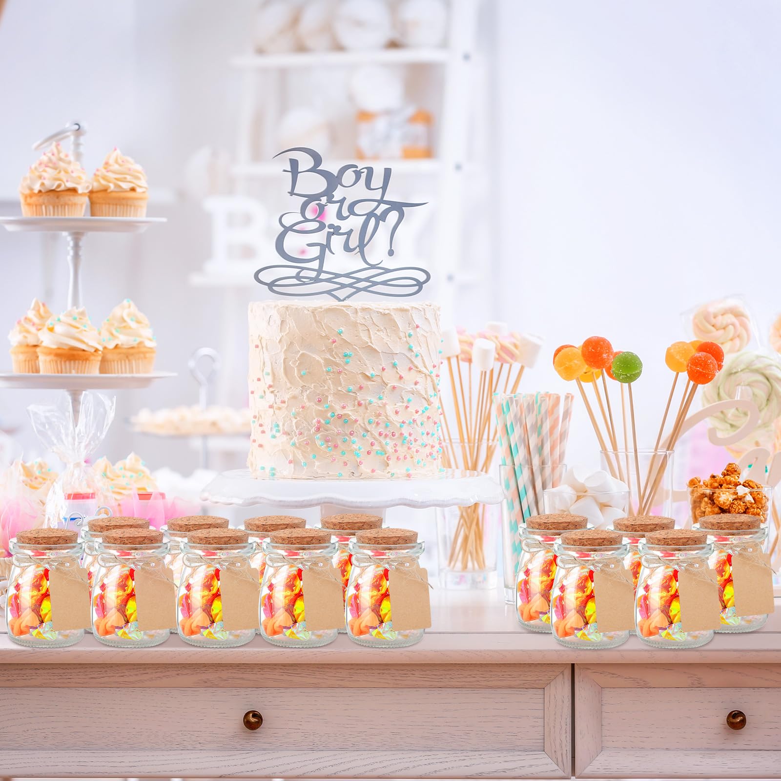 Suclain jars with cork lids present a natural, rustic look for favors.