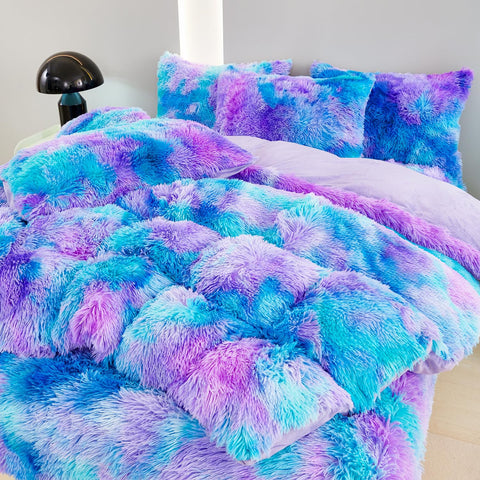 SUCSES blue purple tie-dye plush duvet cover, cozy and playful for kids room