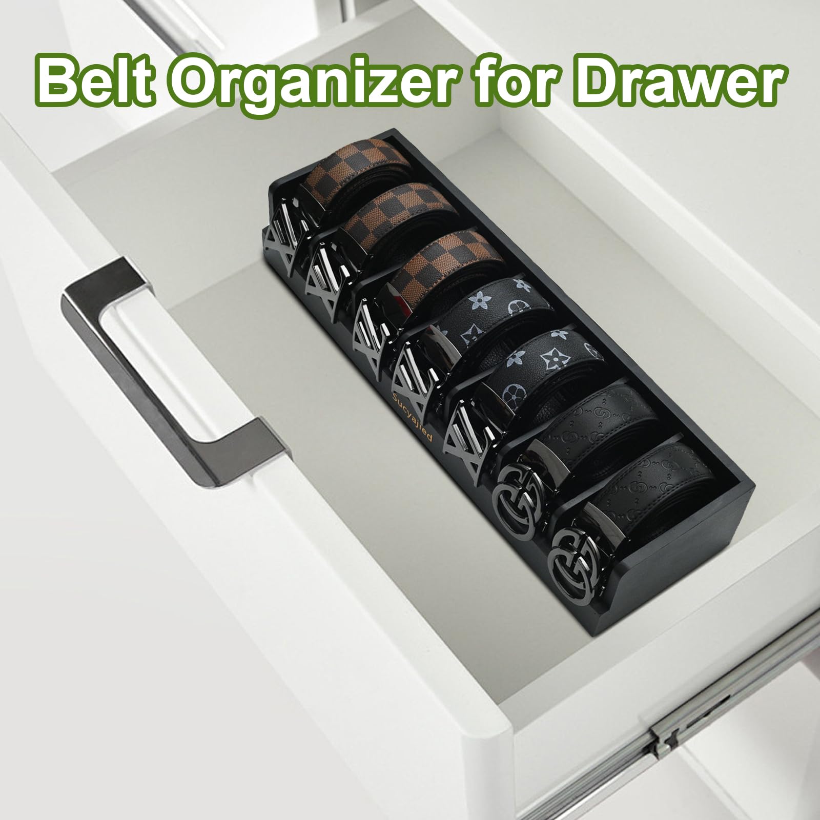 Top view shows organized belts and accessories at a glance