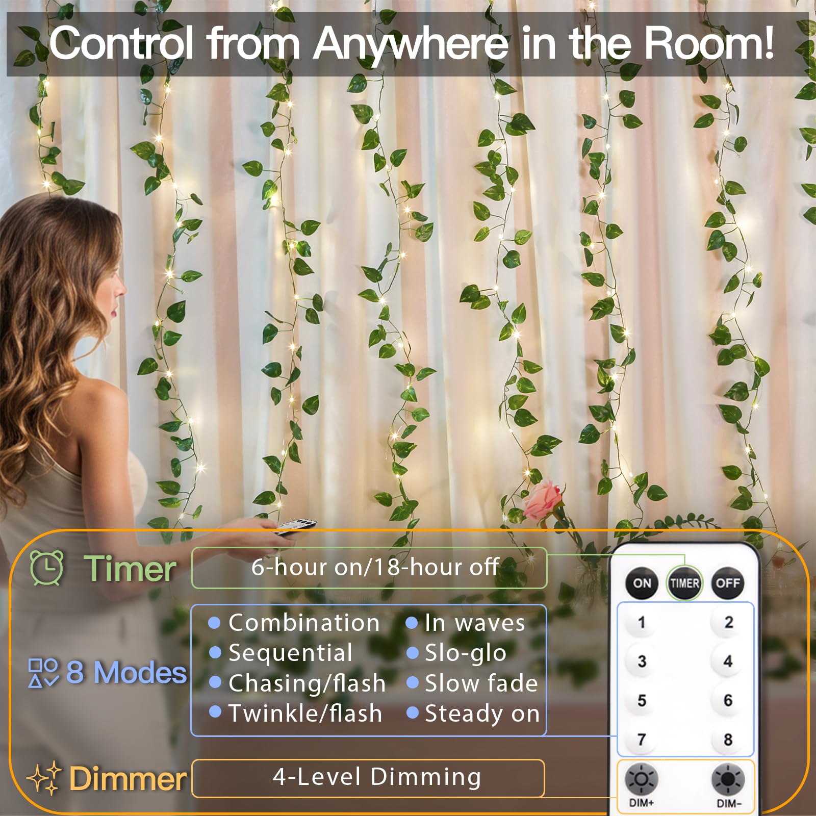 suddus remote control feature on the vine curtain enables versatile lighting modes