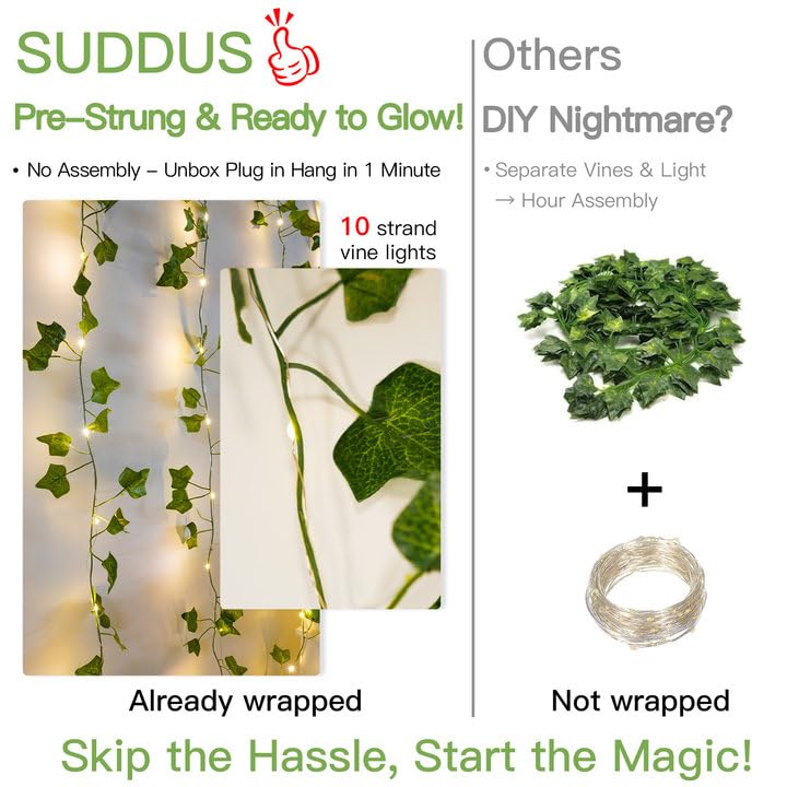 Suddus plug-in ivy curtain lights stay lit without batteries.