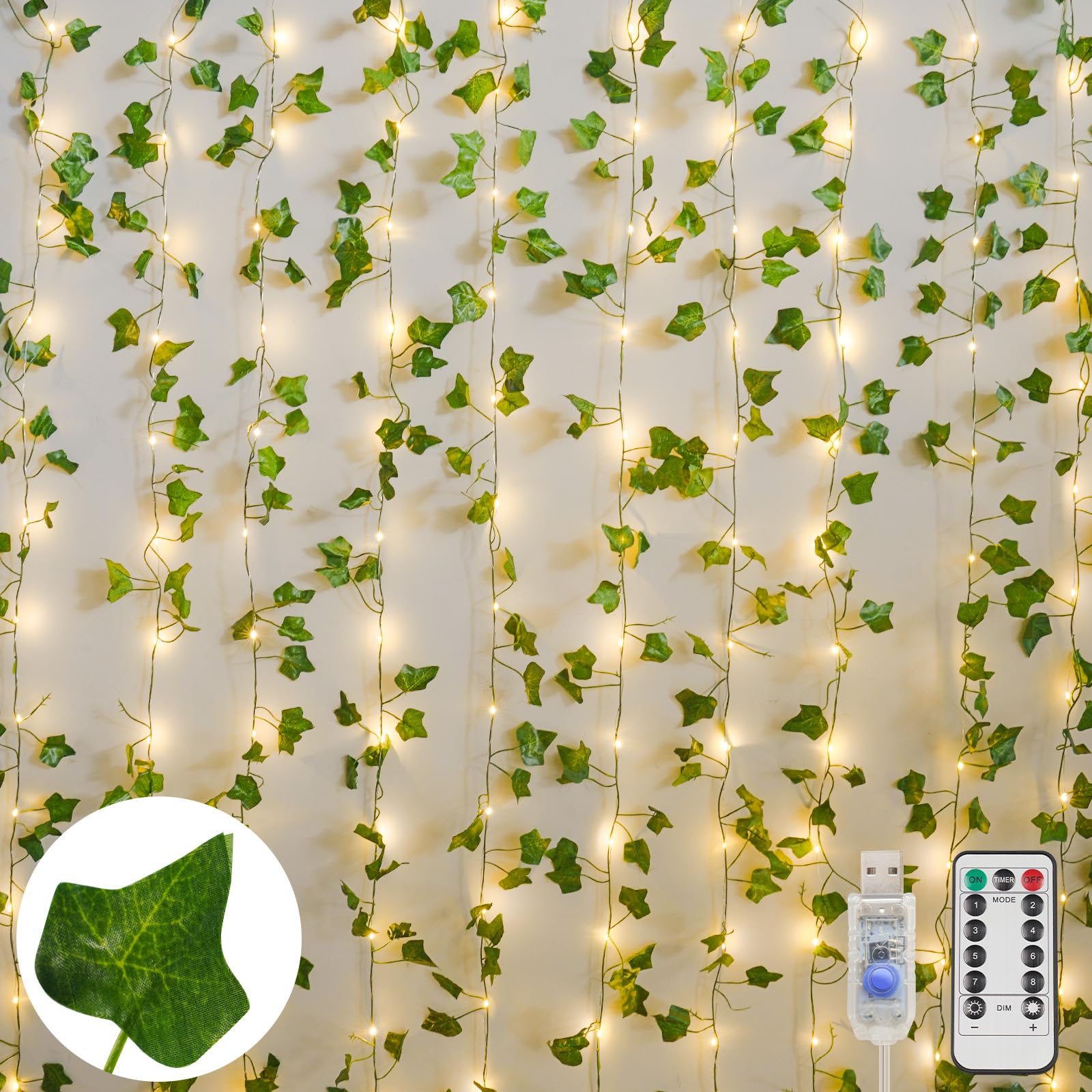 Suddus vines with light curtain displayed on bedroom wall for cozy ambience