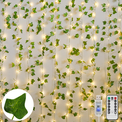 Suddus vines with light curtain displayed on bedroom wall for cozy ambience