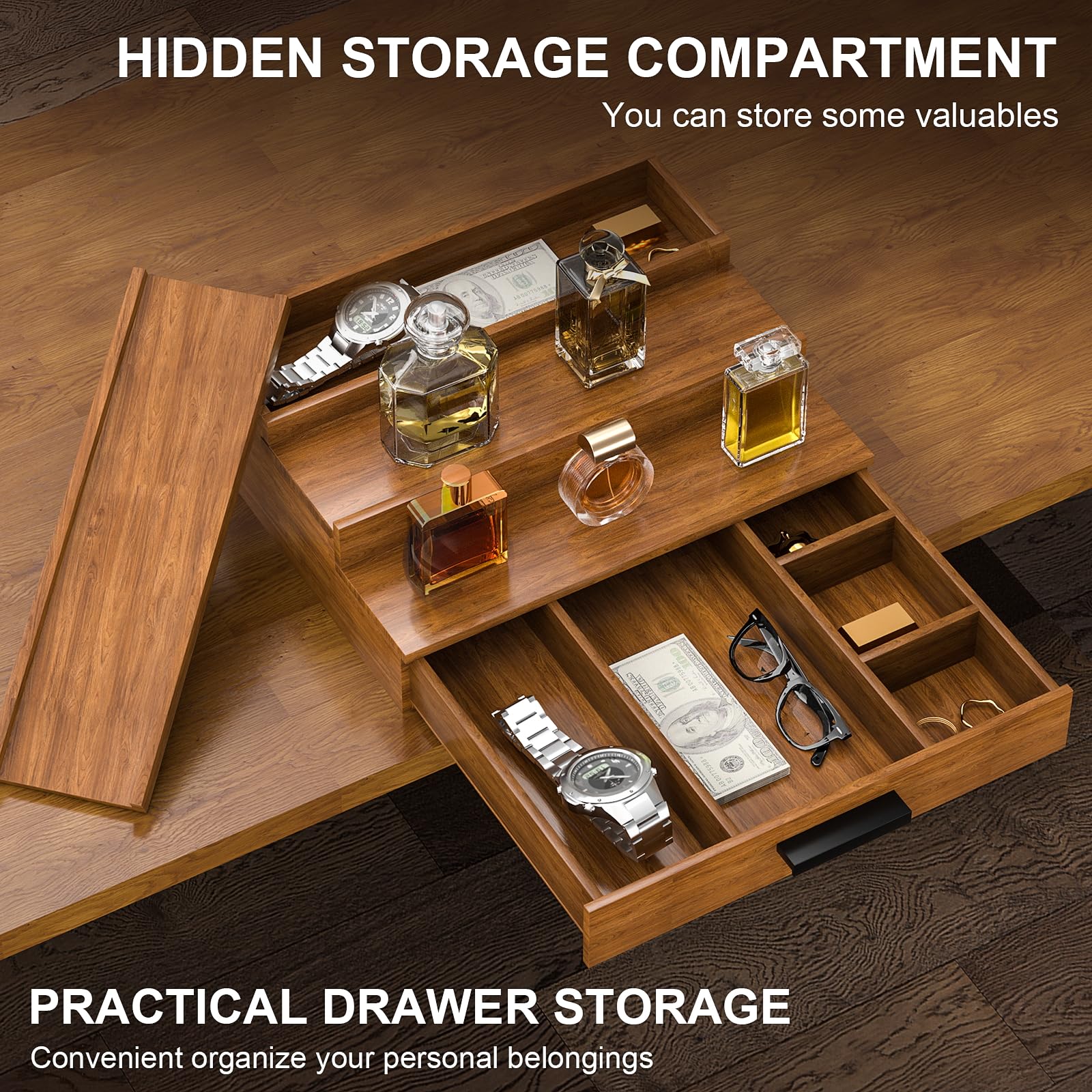 Sueuapp hidden compartment top and drawer bottom add discreet storage