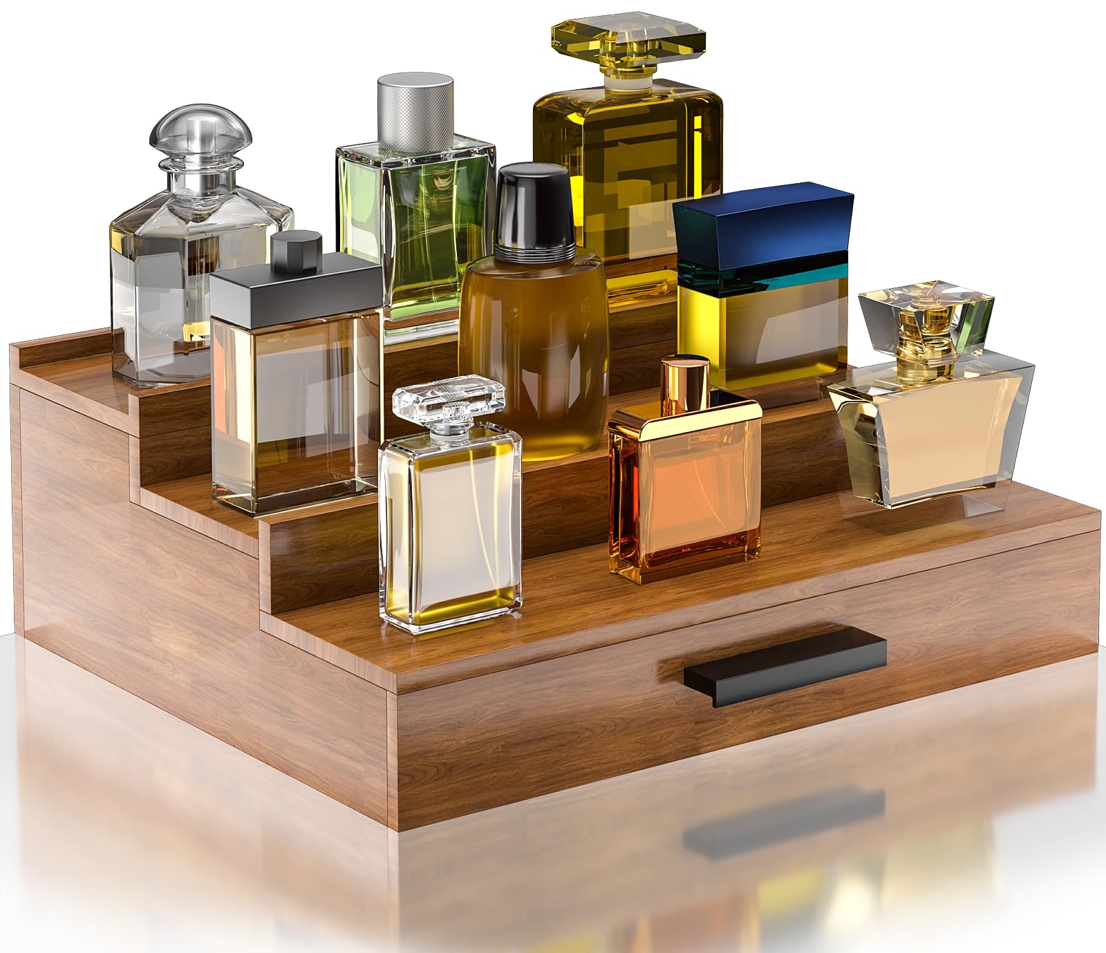 Sueuapp walnut wood cologne organizer front view with accessible three-tier display for easy scent collection