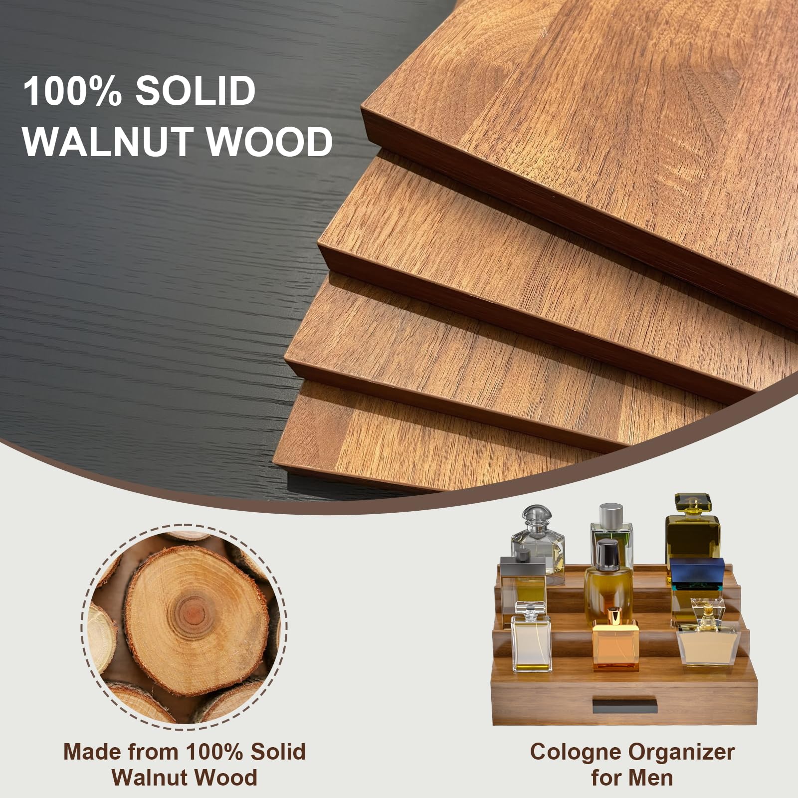 Sueuapp walnut wood cologne organizer side view highlighting hidden drawer storage