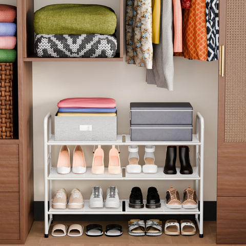 SUFAUY rack accommodates high boots on upper tier and organized shoes below