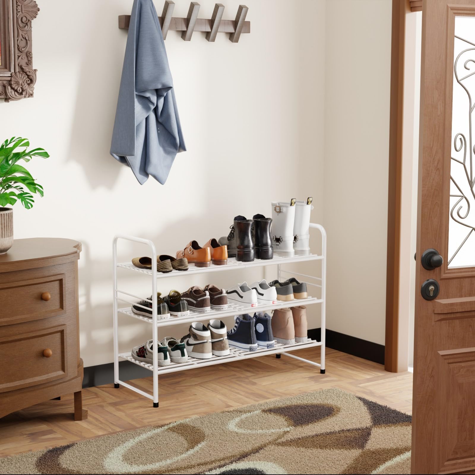 SUFAUY 3 tier shoe rack side view showing sturdy powder coated frame