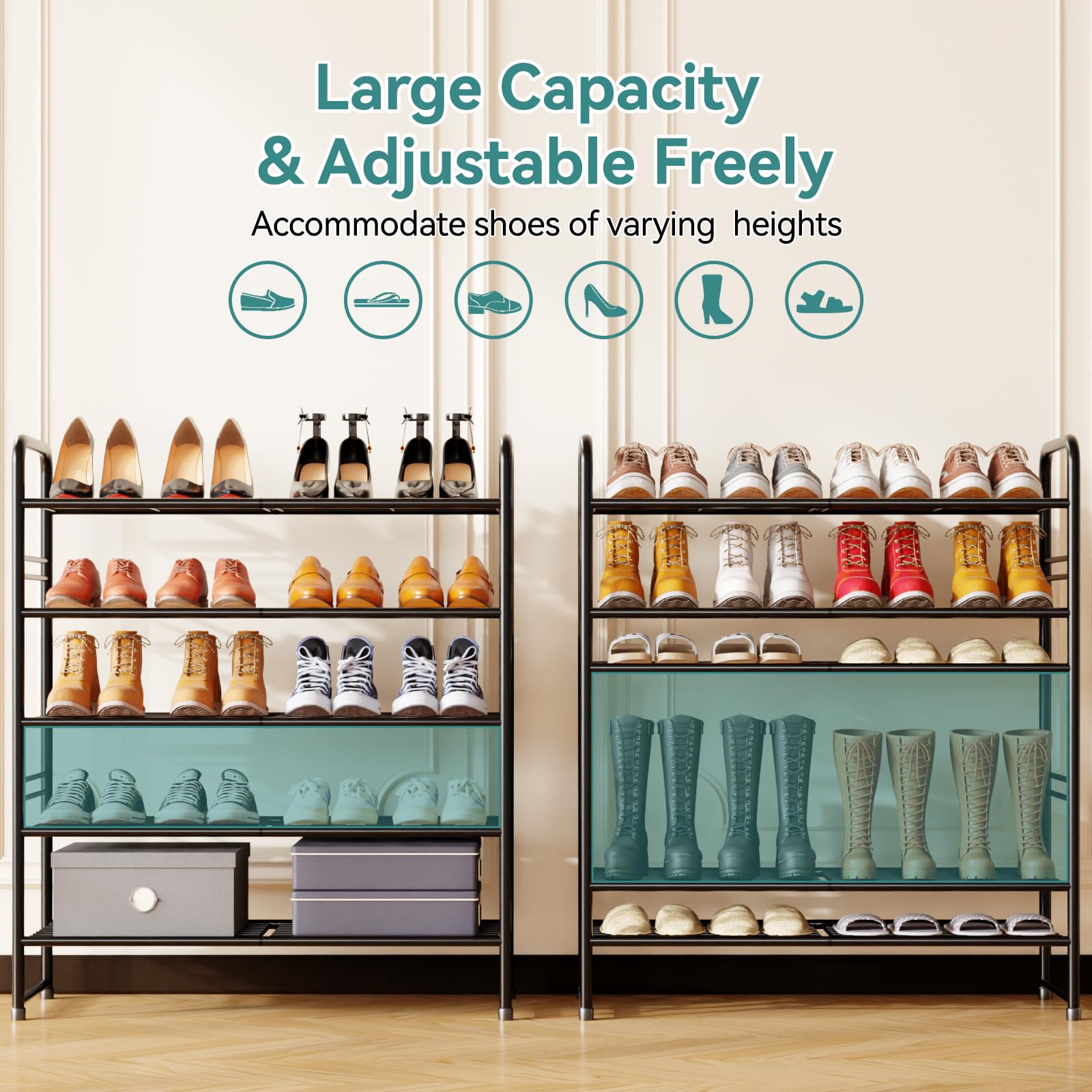 SUFAUY shelves capacity shows 62.5 lb per shelf for heavy shoes