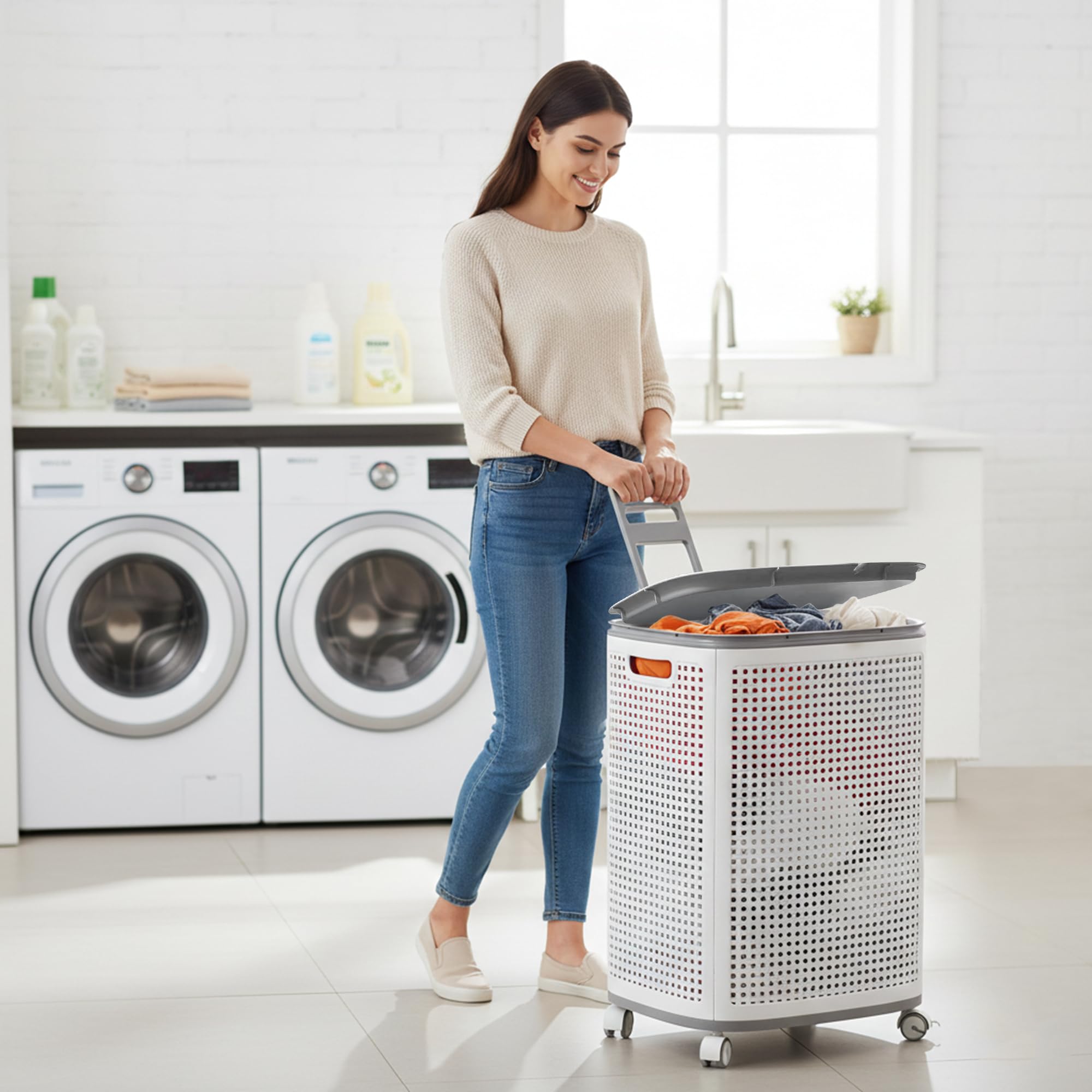 Sufdari 90L basket with lockable brakes stays securely in place.