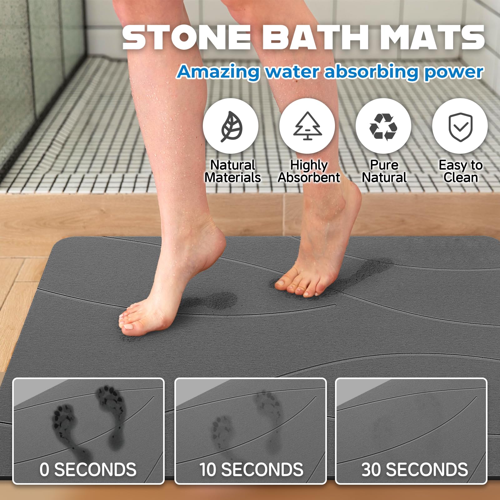 SUFOR dark grey diatomaceous earth mat absorbing water quickly from a wet bathroom floor.