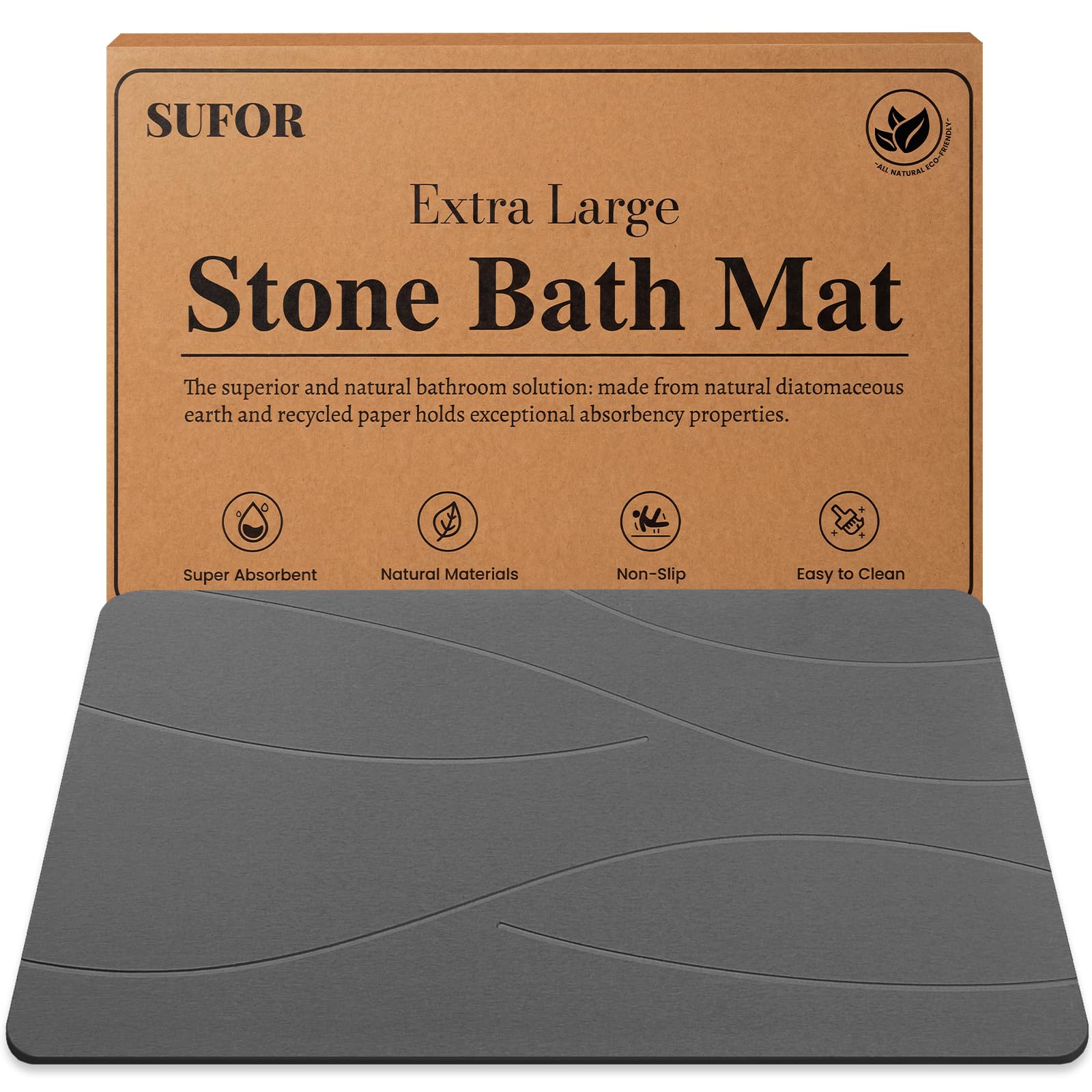 SUFOR stone bath mat in dark grey, front view highlighting non-slip surface and modern spa vibe.