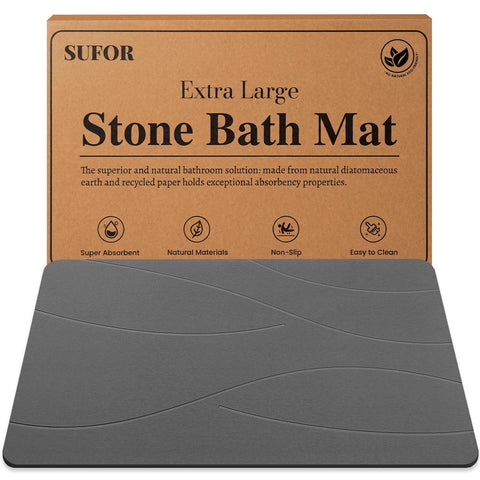 SUFOR stone bath mat in dark grey, front view highlighting non-slip surface and modern spa vibe.