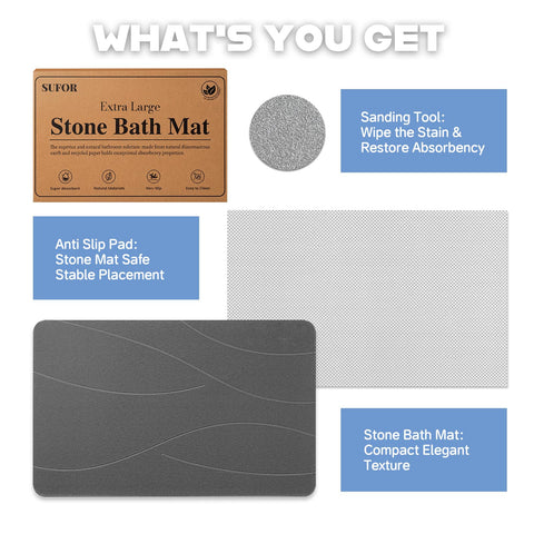 SUFOR stone bath mat in corner bathroom with towel rack, highlighting spa-style design.