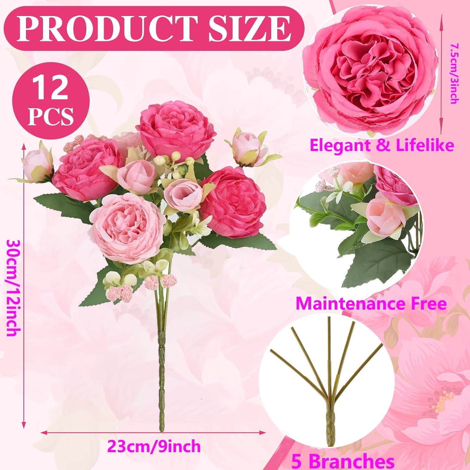 SugarHuLu peonies bundle detail pink—five-stem arrangement that stays fresh-looking year-round.