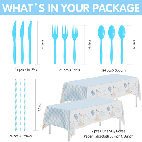 Suhelkit One Silly Goose napkins with playful blue accents for festive cleanup.