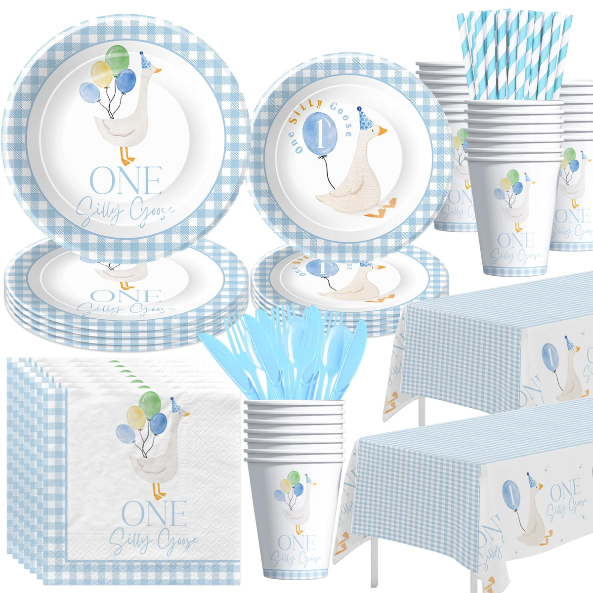 Suhelkit One Silly Goose 9-inch plates for a blue birthday, quick party setup.