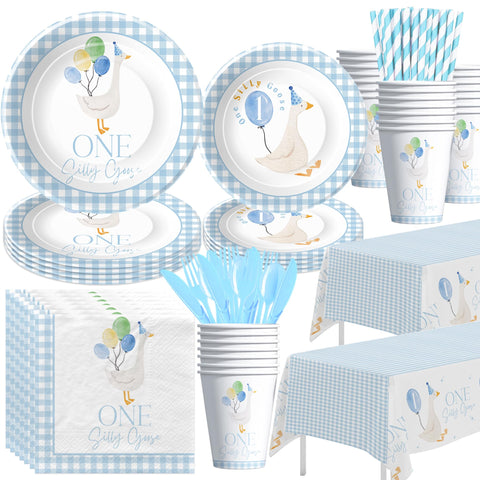 Suhelkit One Silly Goose 9-inch plates for a blue birthday, quick party setup.