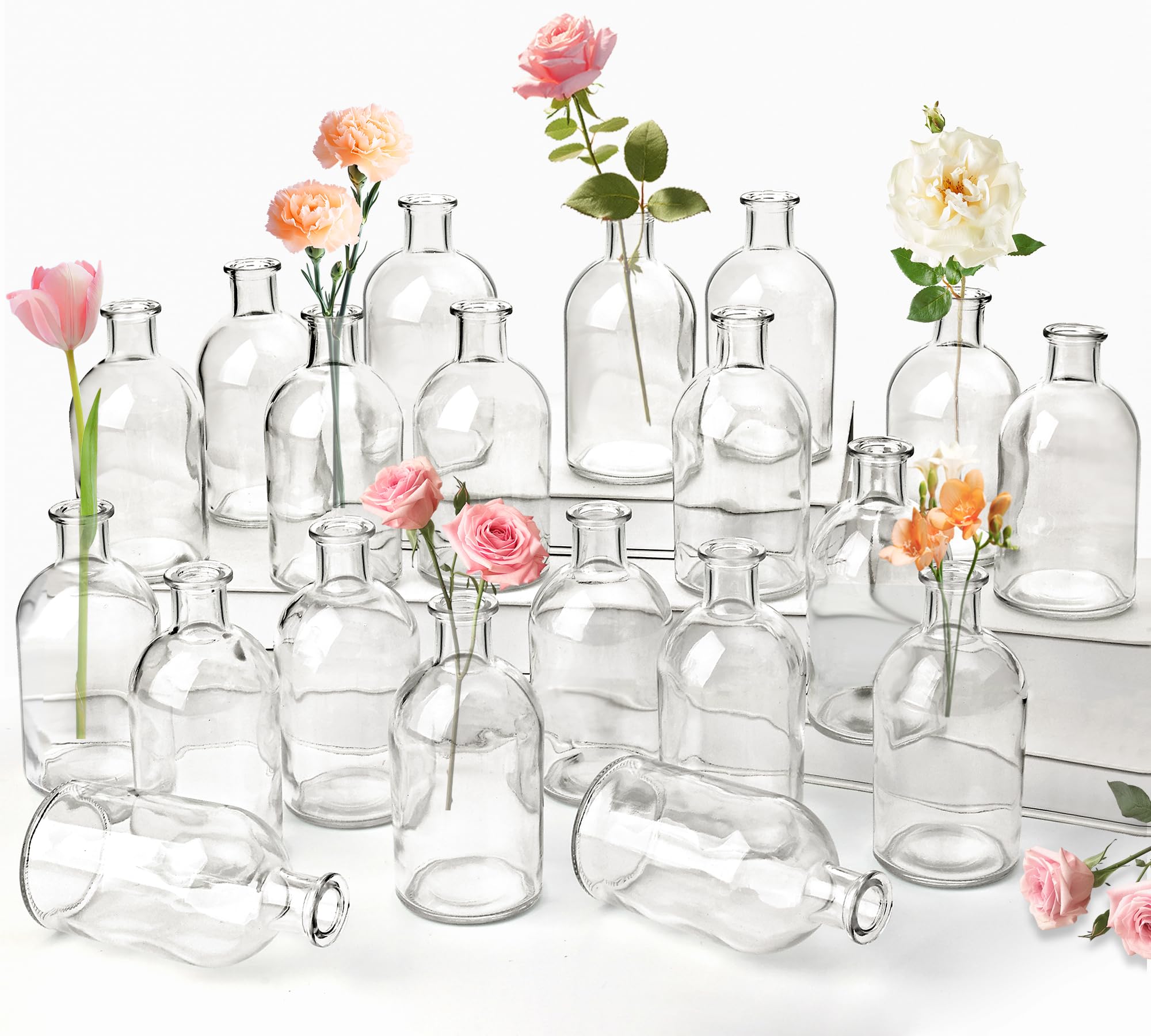 SUJUN 20-pack clear glass bud vases with slim neck for elegant centerpieces