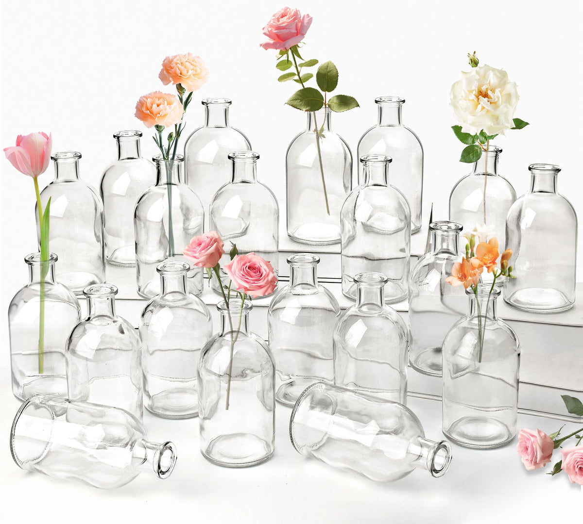 SUJUN 20-pack clear glass bud vases with slim neck for elegant centerpieces