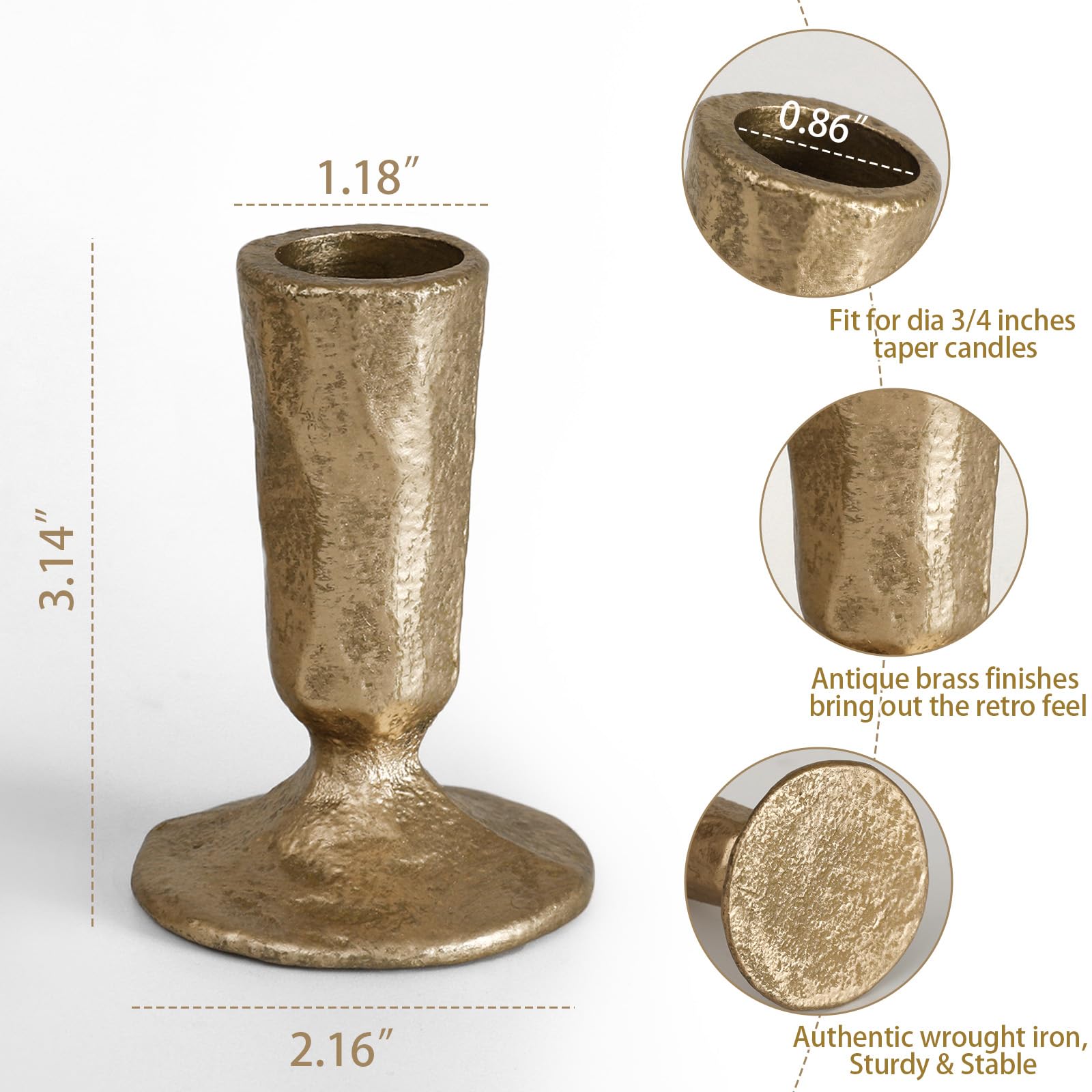 SUJUN antique brass taper candle holder side profile, highlighting elegant forged-iron lines.