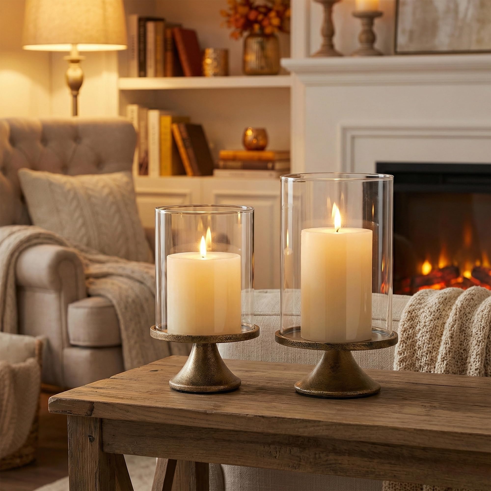 SUJUN candle holders showcased on living room mantel with soft glow