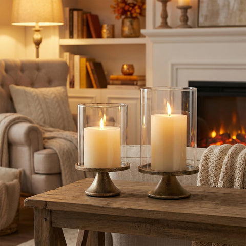 SUJUN candle holders showcased on living room mantel with soft glow